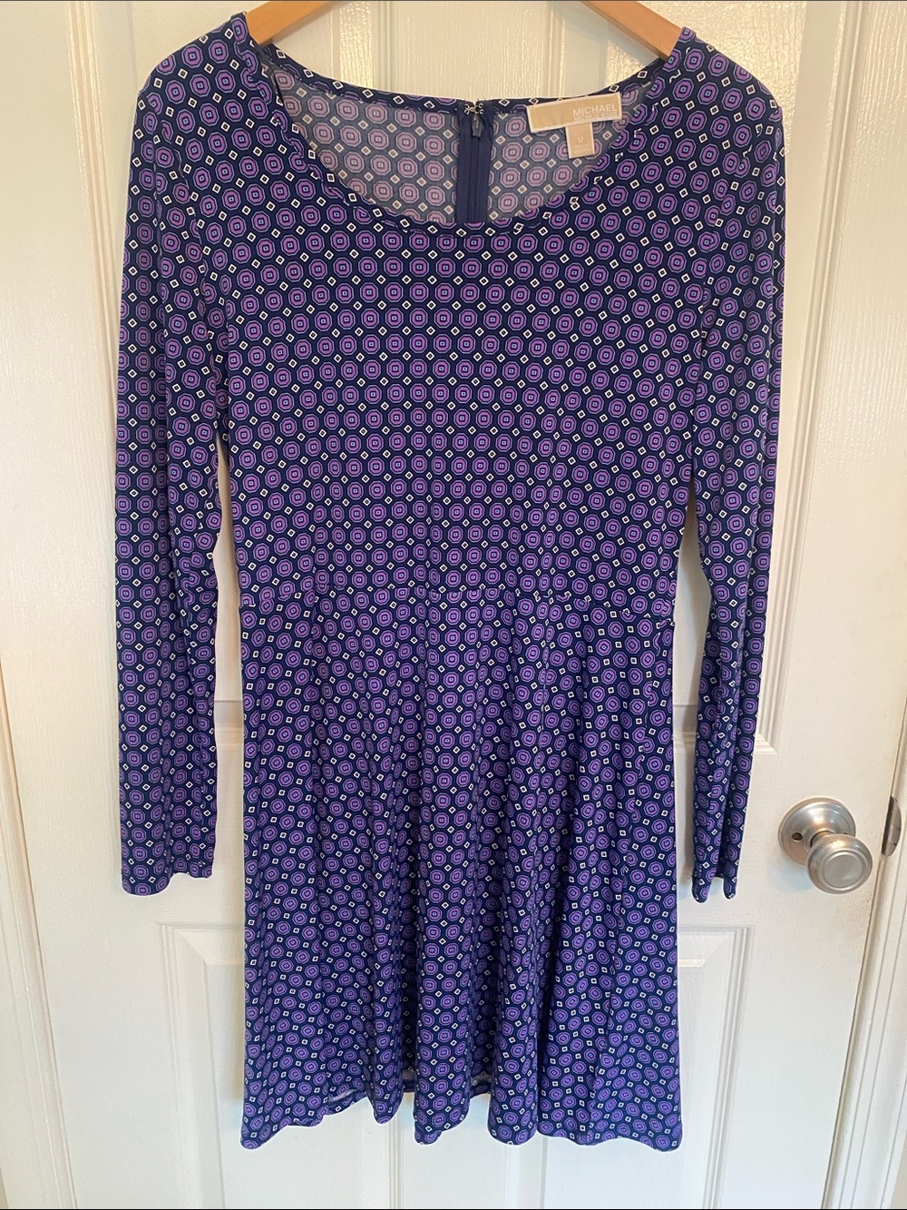 Michael Kors Purple Patterned Long-Sleeve Fit & Flare Mini Dress